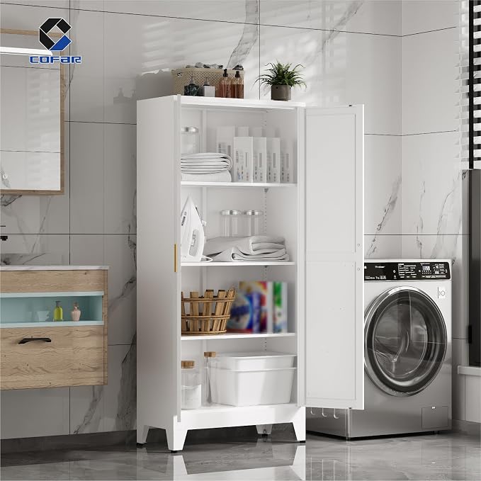 COFaR 61'' Tall Metal Storage Cabinet, Farmhouse Kitchen Pantry Cabinet with Doors and 3 Adjustable Shelves, White Metal Cabinets for Kitchen, Bathroom, Laundry, Garage, 4-Tier