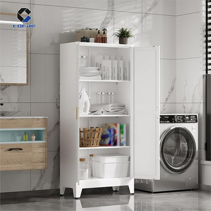 COFaR 61'' Tall Metal Storage Cabinet, Farmhouse Kitchen Pantry Cabinet with Doors and 3 Adjustable Shelves, White Metal Cabinets for Kitchen, Bathroom, Laundry, Garage, 4-Tier