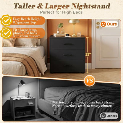 Aheaplus Night Stand Set of 2 with Charger Station, 21.7'' Wider Nightstands with 3 Wooden Drawers, Large Tall Bedside Table, Modern End Side Table Set, Nightstand for Bedroom, Black