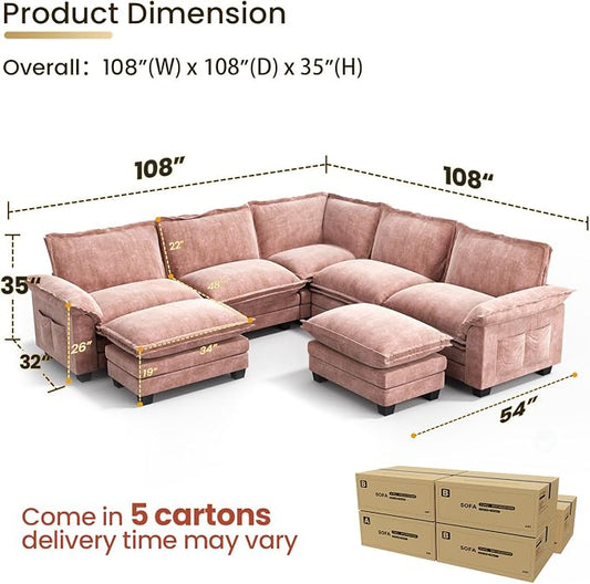 KKL Modular Sectional Sofa, Large V Shape 7 Seater Modern Sectional Couch with Ottoman, Couches for Living Room, Cloud Couches Chenille for Apartment, Home, Pink