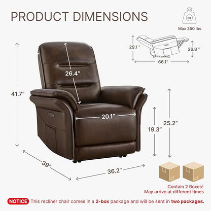 KISLOT Power Recliner Chair with Adjustable Headrest and Footrest, Dual Motor Leather Reclining Chair with USB/Type-C Charging, Zero Gravity Modern Electric Recliner for Adults Living Room Bedroom