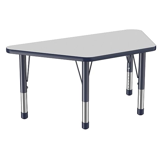 FDP Trapezoid Activity School and Classroom Kids Table (24 x 48 inch), Chunky Toddler Legs for Collaborative Seating Environments, Adjustable Height 15-24 inches - Gray Top and Navy Edge