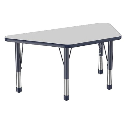 FDP Trapezoid Activity School and Classroom Kids Table (24 x 48 inch), Chunky Toddler Legs for Collaborative Seating Environments, Adjustable Height 15-24 inches - Gray Top and Navy Edge