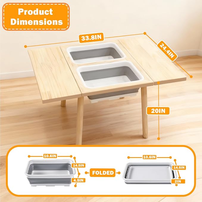 Large Solid Pine Wood Table with Flip Top, Activity Table with 2 Storage Bins & Double-Sided Board, Indoor/Outdoor Play Sand and Water, Multi-Functional Desk for Drawing Studying Dining