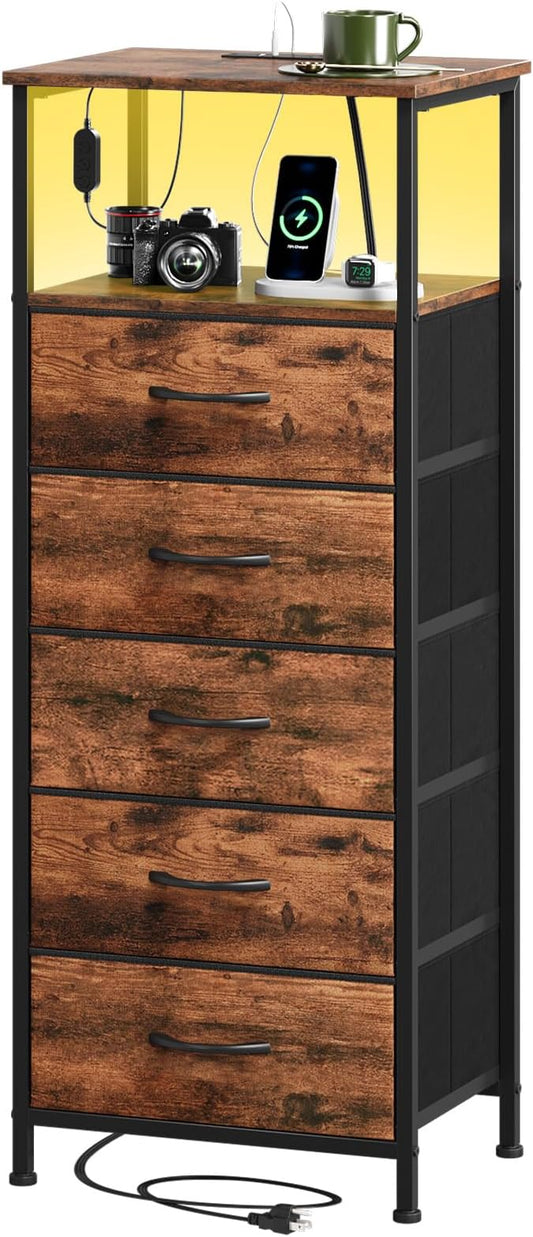 Somdot Tall Nightstand with Charging Station and LED Light for Bedroom, 5 Drawers Dresser with Fabric Bins for Bedside Kids Dorm Room Closet Laundry Entryway, Wood Grain Print