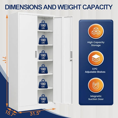BESFUR Metal Storage Cabinet with 2 Doors and 5 Adjustable Shelves Garage Storage Cabinet with Lock 71" Office Storage Cabinets Locking Cabinets for Garage Office Shop Home (White)