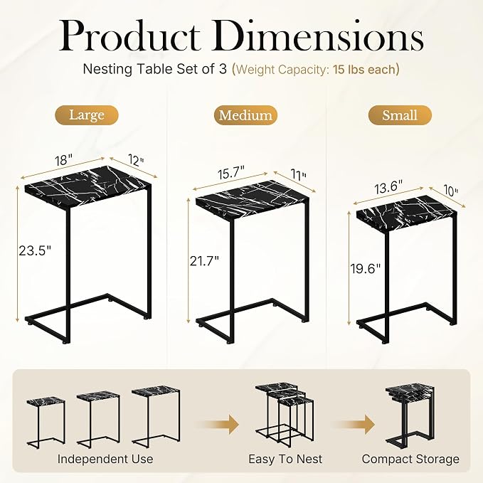 SUPER DEAL Nesting Tables Set of 3, Industrial C Shaped End Table Stackable Coffee Table Heavy Duty Metal Frame for Small Space, Living Room, Bedroom, Side Table Tray for Laptop Snack, Black