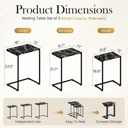 SUPER DEAL Nesting Tables Set of 3, Industrial C Shaped End Table Stackable Coffee Table Heavy Duty Metal Frame for Small Space, Living Room, Bedroom, Side Table Tray for Laptop Snack, Black