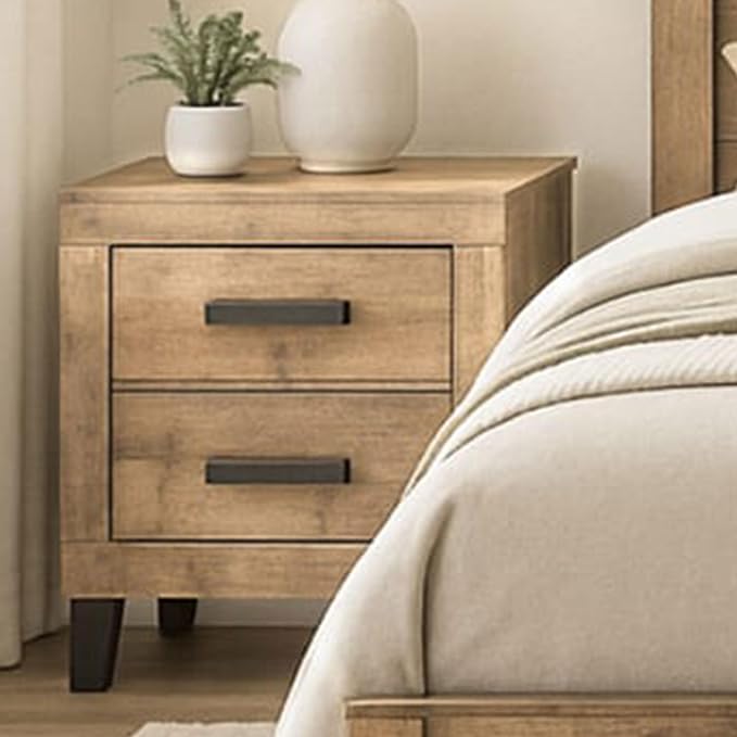 Kings Brand Furniture 3-Piece Queen Bedroom Set with 2 Nightstands | Antique natural finish, engineered wood, queen bed, 2 matching nightstands, traditional style, master or guest bedroom