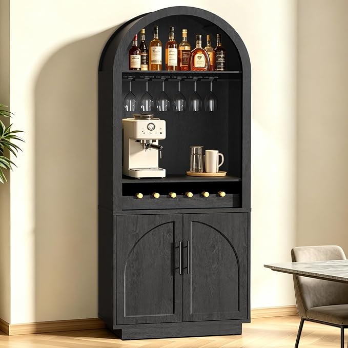 Fatmok 79" Tall Arched Pantry Cabinet with LED Light & Charging Station, Modern Coffee Bar Liquor Cabinet with Wine Rack & Glass Holder, Kitchen Storage Cabinet with Adjustable Shelves, Black Grey