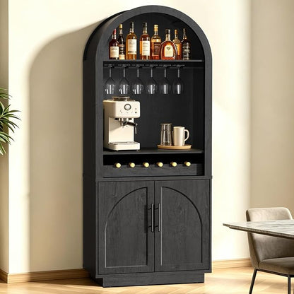 Fatmok 79" Tall Arched Pantry Cabinet with LED Light & Charging Station, Modern Coffee Bar Liquor Cabinet with Wine Rack & Glass Holder, Kitchen Storage Cabinet with Adjustable Shelves, Black Grey