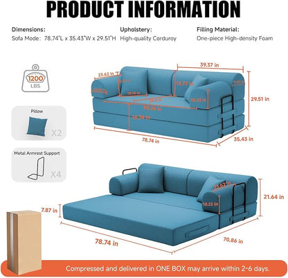 78.8" Memory Foam Boneless Couch, Corduroy Floor Sofa Bed, Convertible Sleeper Futon Loveseat, Wide Armrests & Back Support, Supports Up to 1200 lbs, Couch in a Box with 2 Pillows, Ocean Blue