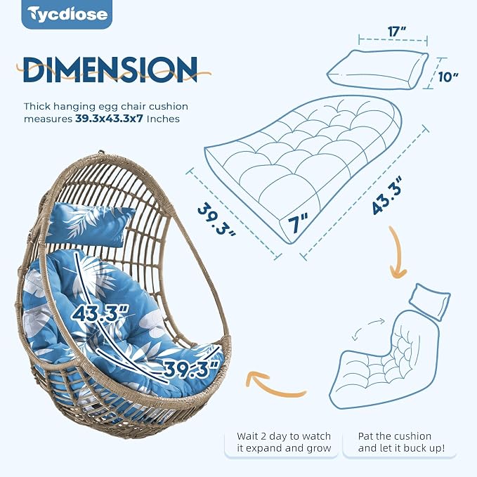 Outdoor Hanging Egg Chair Cushion Replacement, Extra Large Waterproof Egg Swing Cushions with Headrest Pillow and Ties, U-Shaped Thickened Cushion for Hanging Eggs Chair (Blue Leaf)