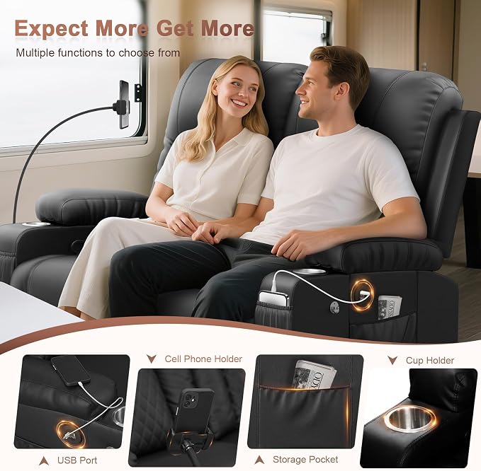 RV Loveseat Recliner Sofa, Reclining Loveseat Wall Hugger Recliners with USB Ports, Cup Holders, Insert Pockets, RV Recliners for Travel Trailers & Living Room, RV Furniture | RV Couch | Black