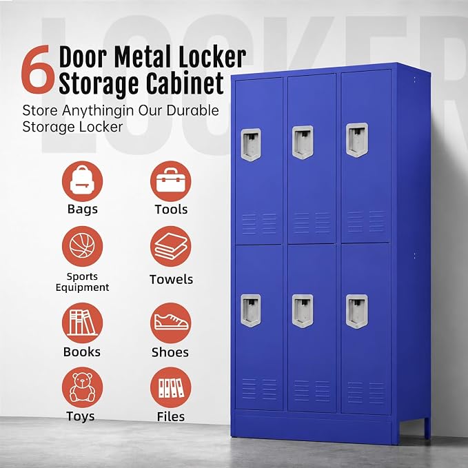 BUTISOW 6 Door Metal Storage Locker for Employees, Heavy Duty Steel School | Locker with Lift Up Handle & Recessed Hasp, Gym Office Lockers with Adjustable Shelves & Hooks, 72"H x 35.4"W x 15.75"D, Blue