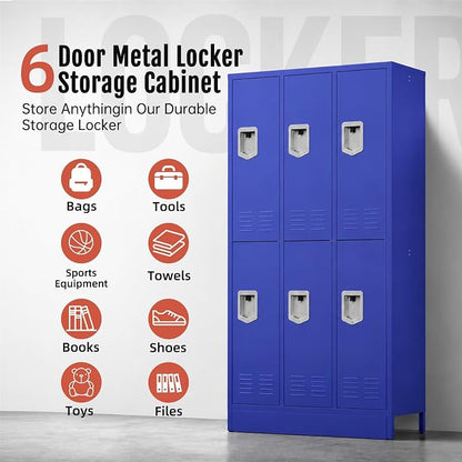 BUTISOW 6 Door Metal Storage Locker for Employees, Heavy Duty Steel School | Locker with Lift Up Handle & Recessed Hasp, Gym Office Lockers with Adjustable Shelves & Hooks, 72"H x 35.4"W x 15.75"D, Blue