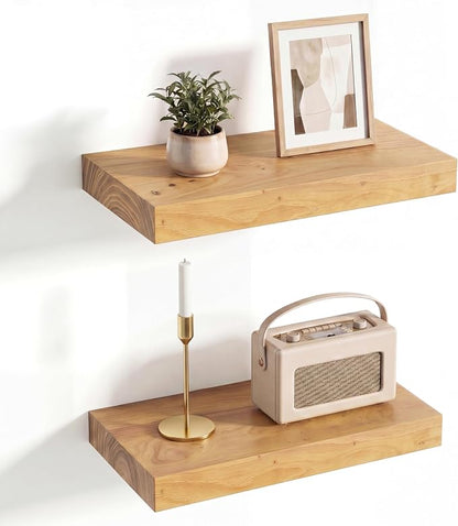 Venusmiles Elm Floating Shelves for Wall Decor, Rustic Solid Wood Shevles Wall Mounted with Invisible Bracket for Living Room Bathroom Bedroom Kitchen, 16 Inch Set of 2, Natural