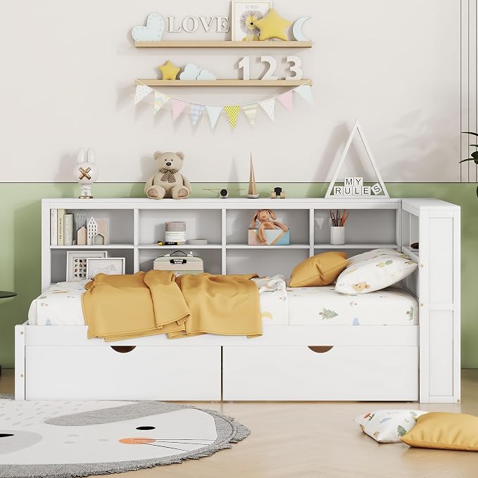 Bellemave Twin Corner Bed Frame, Wood Twin Size Daybed with L-Shaped Bookcase and 2 Drawers，Daybed with Storage Cabinets, White