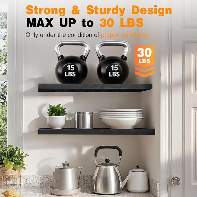 BAYKA Floating Shelves, 47.2 inches Long Heavy Duty Wall Mounted Rustic Wood Shelves for Bathroom, Bedroom, Living Room, Kitchen, Office, Hanging Shelf for Books/Storage/Decor(Black,Set of 2)