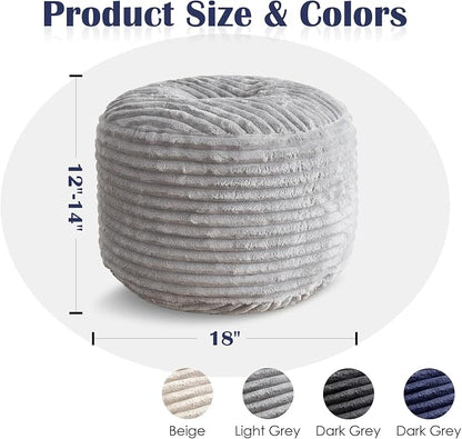 Round Ottoman,Corduroy Pouf Ottoman Foot Rest,Light Grey,18x14 IN | Storage Footstool for Living Room,18x14 Soft Floor Poufs,Memory Foam Filling,Footrest only
