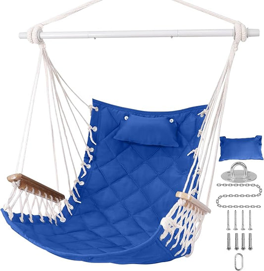 Hammock Chair Hanging Swing with Wooden Armrest;Steel Spreader Bar,Pillows,Hardware kit Included;Cotton Woven;Up to 350 Lbs,for Indoor Outdoor Blue