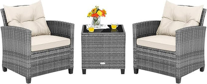 Tangkula 3 Pieces Patio Furniture Set, PE Rattan Wicker 3 Pcs Outdoor Sofa Set w/Washable Cushion and Tempered Glass Tabletop, Conversation Furniture for Garden Poolside Balcony (Mix Grey-White)