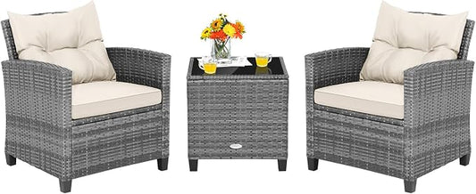 Tangkula 3 Pieces Patio Furniture Set, PE Rattan Wicker 3 Pcs Outdoor Sofa Set w/Washable Cushion and Tempered Glass Tabletop, Conversation Furniture for Garden Poolside Balcony (Mix Grey-White)