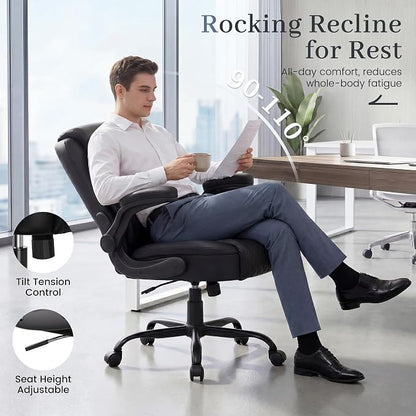 GTPOFFICE Executive Office Chair with Comfortable Lumbar Support, Ergonomic Gaming Chair with Flip-up Armrests & Zoned Pressure-Relief Cushion, Comfy PU Leather Desk Chair, Light Black