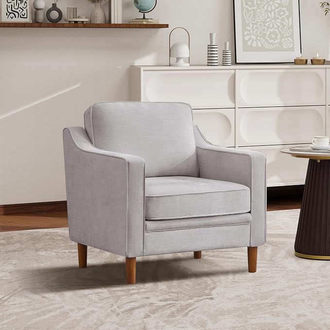 Kingfun Accent Chair, Living Room Chairs, Mid Century Reading Armchair, Chenille with Solid Wood Foot, Upholstered Modern Decor for Bedroom, Apartment