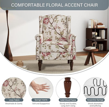 High Back Accent Chair, Fabric Wingback Chair Upholstered Armchair for Living Room - Beige Floral