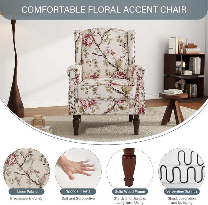 High Back Accent Chairs Set of 2, Floral Wingback Chair Fabric Upholstered Armchair for Living Room, Nailhead Trim Single Sofa Bedroom Reading Seat - Beige