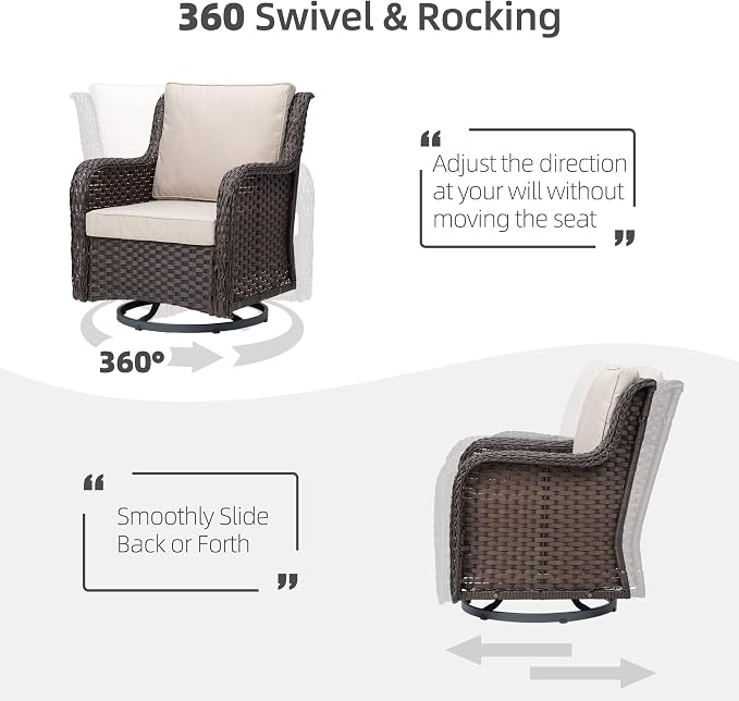 Towallmark Outdoor Swivel Wicker Glider Patio Chairs with Table Set, 3 Pieces Outdoor Bistro Set with 4”Thick Cushions and Coffee Table for Porch, Balcony, Deck (Beige)