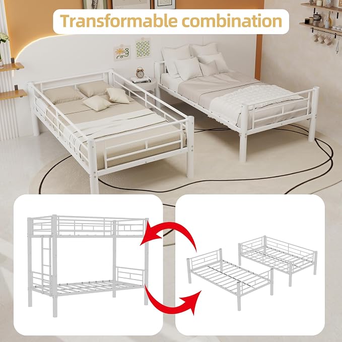 Bunk Bed Twin Over Twin, Metal Bunk Bed with Side Ladder and Safety Guardrail, Space-Saving Twin Bunk Beds for Kids, Teens & Adults, No Box Spring (Side Laddder, White)