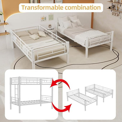 Bunk Bed Twin Over Twin, Metal Bunk Bed with Side Ladder and Safety Guardrail, Space-Saving Twin Bunk Beds for Kids, Teens & Adults, No Box Spring (Side Laddder, White)