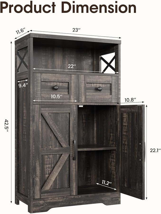 Dark Wood Grey Farmhouse Storage Cabinet Set of 2, Small Kitchen Pantry Cabinet with Drawers and Adjustable Shelf, Sideboard Buffet Coffee Bar Cabinet for Living Room/Dining Room/Bathroom/Home Office