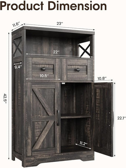 Dark Wood Grey Farmhouse Storage Cabinet Set of 2, Small Kitchen Pantry Cabinet with Drawers and Adjustable Shelf, Sideboard Buffet Coffee Bar Cabinet for Living Room/Dining Room/Bathroom/Home Office