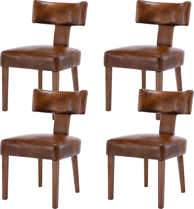 RIVOVA Set of 4 Mid Century Modern Dining Chairs, Farmhouse PU Leather Upholstered Dining Room Chairs Kitchen Chairs Side Armless Chairs with Curved Backrest Wood Legs, Brown