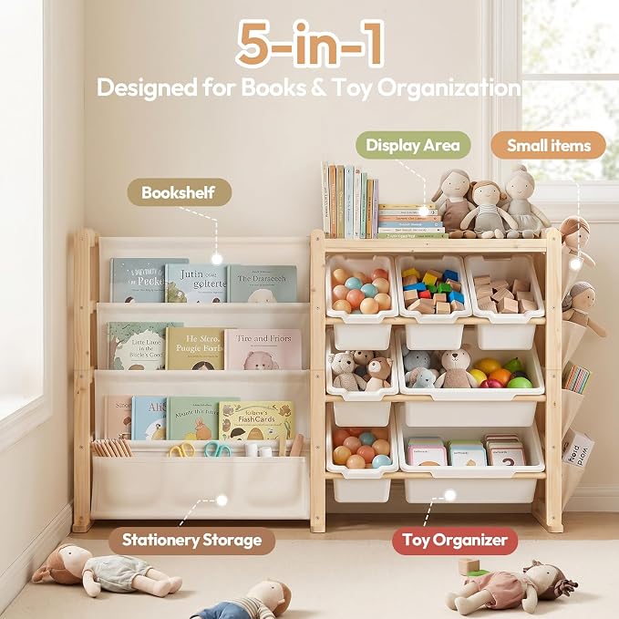 Fodoss Book Shelf for Kids Rooms - Toy Storage Organizer with Bookshelf, Solid Wood Kids Bookshelf with 7 Bins, Side Storage Pockets, Large Toy Organization for Nursery, Natural Pine