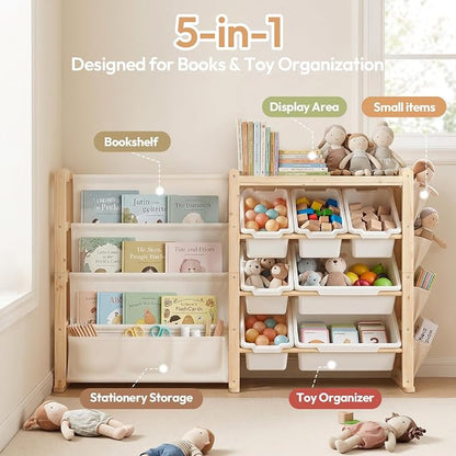Fodoss Book Shelf for Kids Rooms - Toy Storage Organizer with Bookshelf, Solid Wood Kids Bookshelf with 7 Bins, Side Storage Pockets, Large Toy Organization for Nursery, Natural Pine
