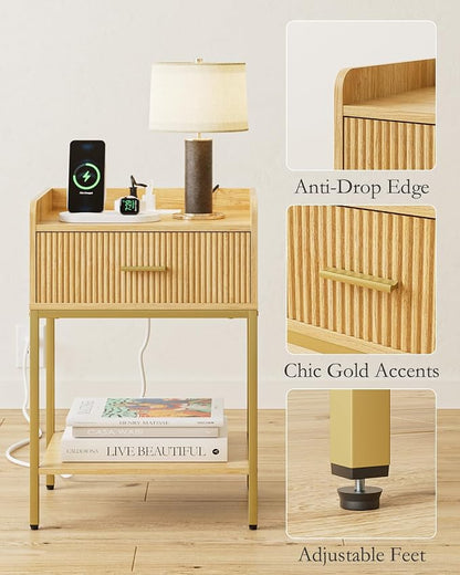 Nightstand with Charging Station, 3-Tier Bed Side Table, Small End Table, Night Standwith Open Shelf and Drawer, Bedside Table for Bedroom, Living Room, Oak