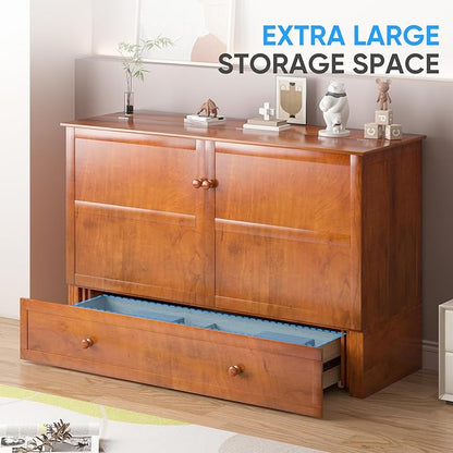 PUREMIND Murphy Bed with Mattress Included, Queen Murphy Bed Cabinet with Storage Drawer and Bedside Panel, Built-in Charging Station, Solid Wood Space-Saving Wallbed Hideaway Beds for Guest Room