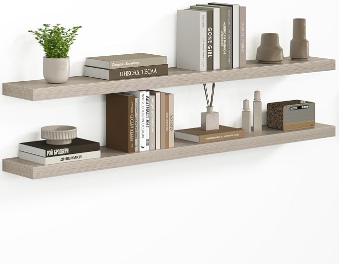 Fun Memories 55 Inch Floating Shelves - Fireplace Mantel Shelf - Deep Wall Mounted Wood Storage Shelf for Bedroom, Kitchen, Farmhouse - 2 Pack, Grey