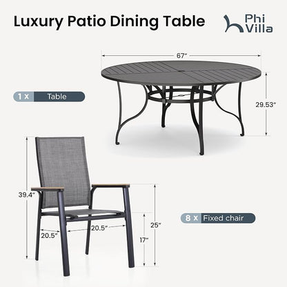 PHI VILLA Outdoor Dining Set for 8, Round Patio Table and Chairs Set, 9 Piece Patio Furniture Set with Metal Table & Lightweight Stackable Chairs for Deck Yard Garden