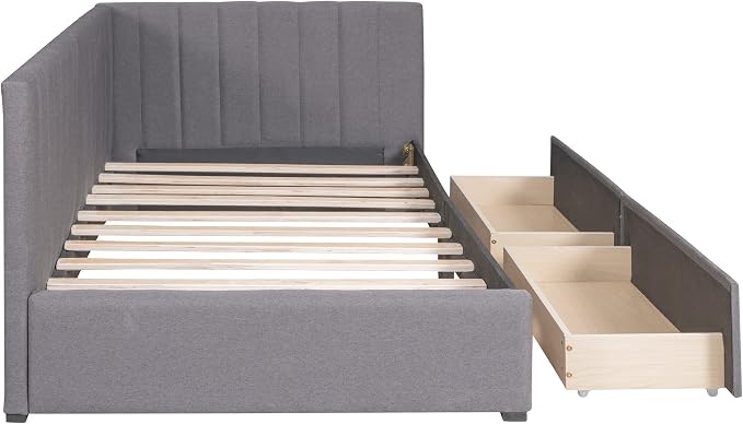 Merax Twin Size Upholstered Daybed with 2 Storage Drawers, Wooden Sofa Bed Frame, No Box Spring Needed, Linen Fabric, Gray