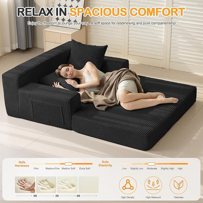 Erament Loveseat Boneless Convertible Sofa Bed, Folding Floor Futon Sleeper Sofa Couch Bed- Boneless Foldable Couch, Corduroy Pull Out Sofa Bed with 2 Pillows for Living Room & Bedroom