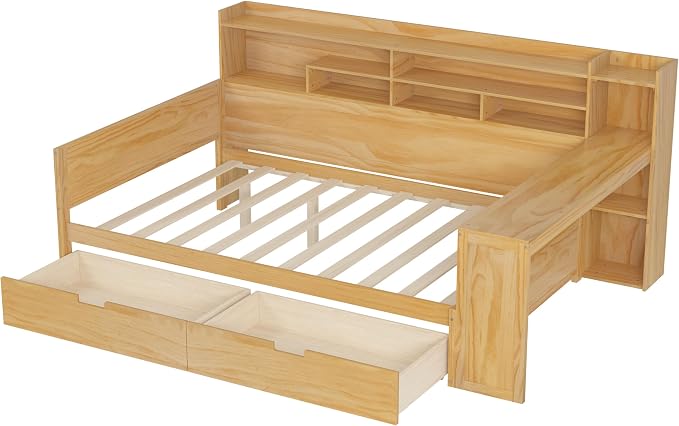 Merax Full Size Wood Daybed, Corner Bed Frame with Storage Shelves, 2 Drawers & Study Desk & Built-in Workspace, Multi-Functional Wooden Bed Space-Saving for Bedroom, Dorm, Guest Room, Natural