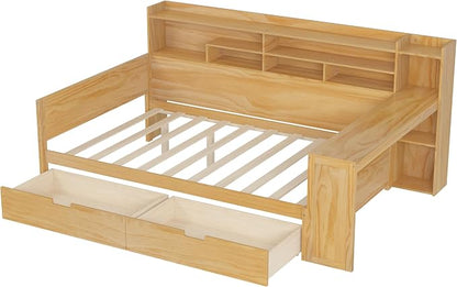 Merax Full Size Wood Daybed, Corner Bed Frame with Storage Shelves, 2 Drawers & Study Desk & Built-in Workspace, Multi-Functional Wooden Bed Space-Saving for Bedroom, Dorm, Guest Room, Natural