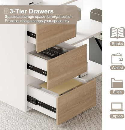 Bobve L Shaped Computer Desk, 47 Inch Home Office Desk with File Drawers & Storage Shelves, Small Corner Computer Desk for Small Space (White + Walnut)