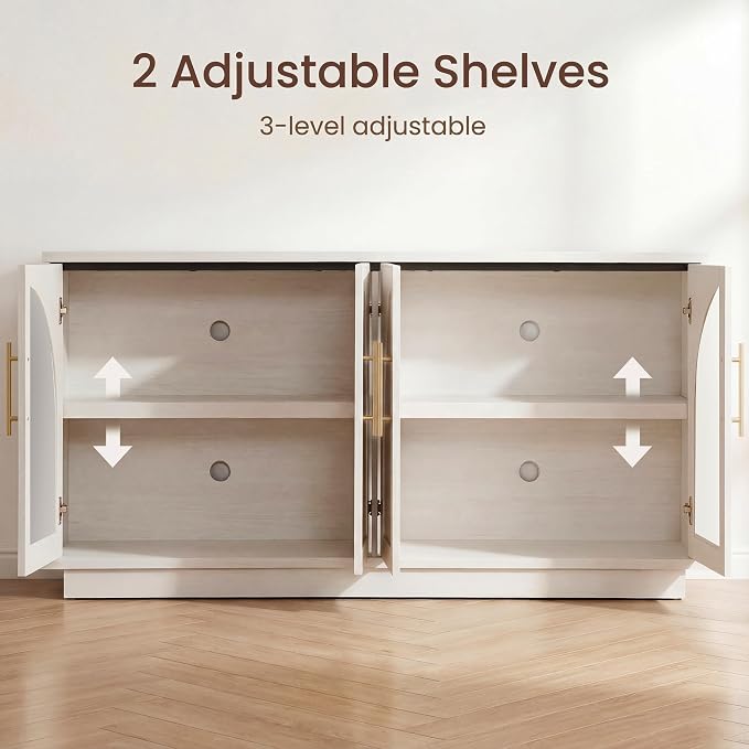 Fatmok Sideboard Buffet Cabinet with Storage Set of 2, 59” Modern Accent Cabinet with Glass Doors, Large Wood Arched Credenza Storage with Adjustable Shelves for Dining Room Entryway, White Wood Grain