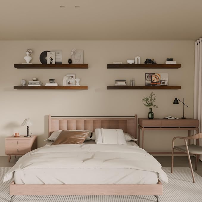 Floating Shelves for Wall, 48 Inch Extra Long Walnut Wall Shelves, Set of 4, Hanging Invisible Brackets Floating Shelves for Living Room,Bedroom,and Kitchen